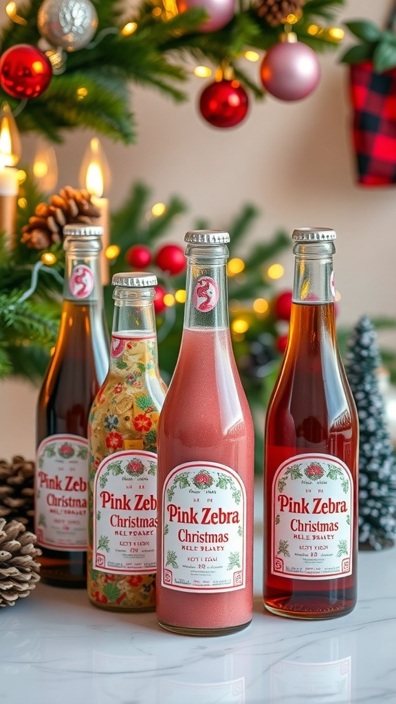 Decorative bottles of Pink Zebra Christmas blends surrounded by holiday decorations.